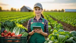 CSA farmer standing between vegetable rows at golden hour, holding a glowing tablet with produce crates nearby, while a greenhouse and barn blur softly in the background.