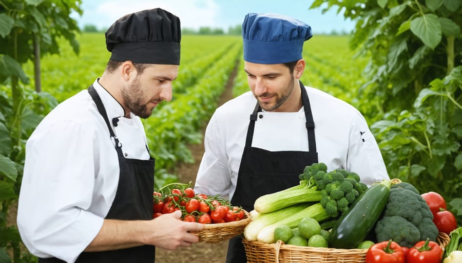 Local farmer and restaurant chef inspecting freshly harvested vegetables in the field