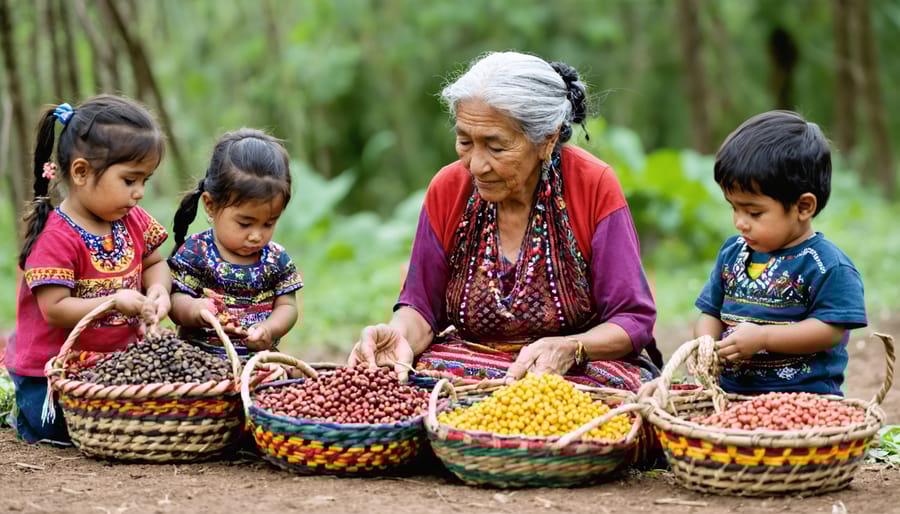 Indigenous elder sharing seed knowledge with children, displaying traditional seeds in ceremonial baskets