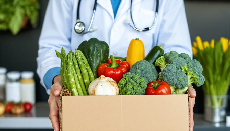 Healthcare provider giving prescribed CSA vegetable box to patient in medical office