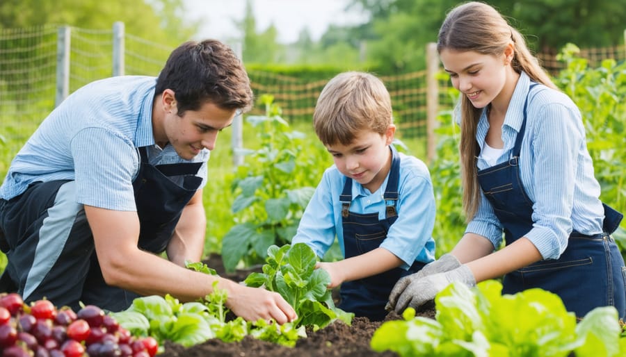 Elementary school children working with a local farmer in their school garden