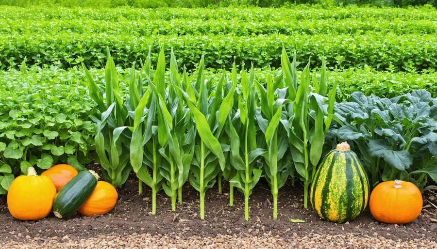 Three Sisters companion planting arrangement showing corn stalks supporting climbing beans with squash growing below