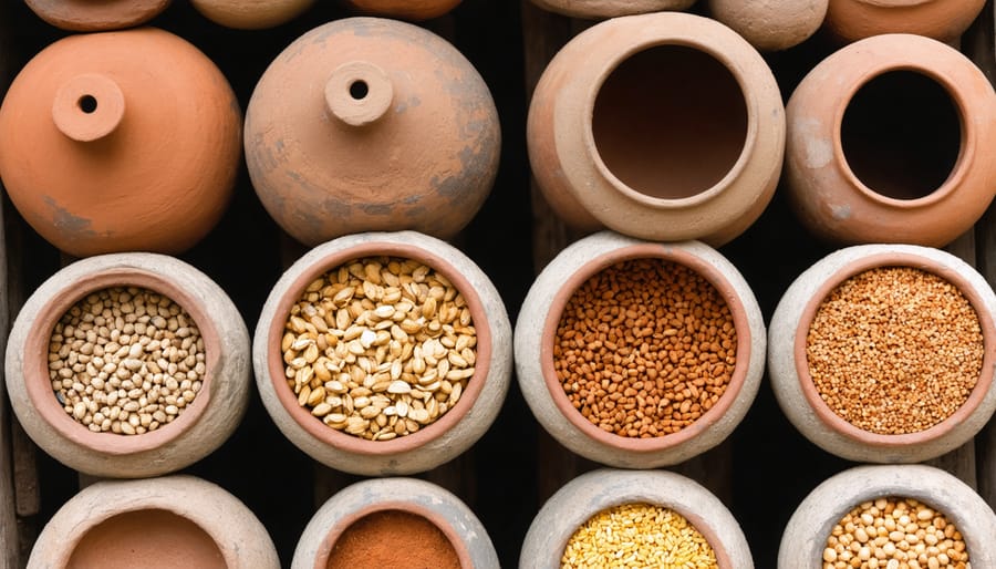Traditional seed storage vessels made from clay and natural materials displaying indigenous preservation techniques