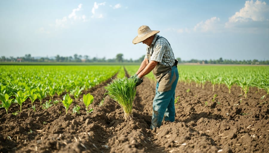 CSA farmer examining climate-resilient vegetables in experimental growing plots