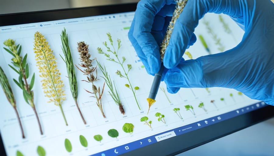 Laboratory technician digitally cataloging seed specimens using specialized equipment