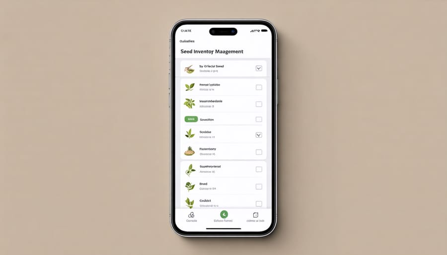Smartphone displaying a seed organization app interface with inventory tracking features