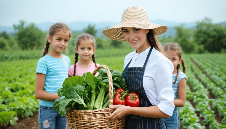 CSA farmer demonstrating vegetable harvesting techniques to elementary school students