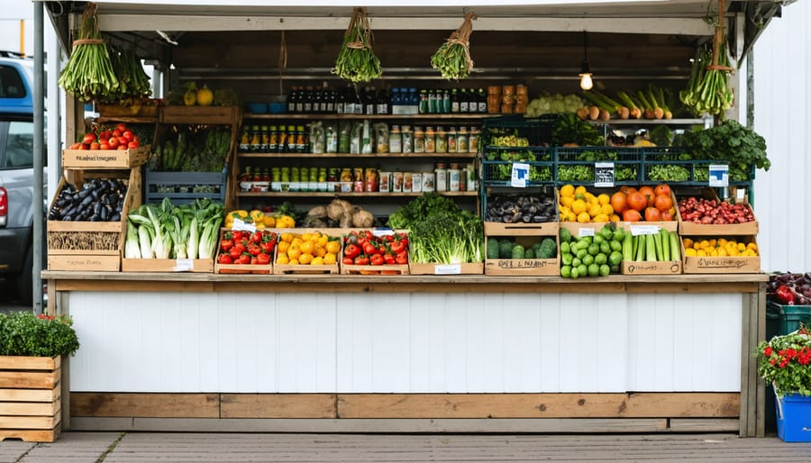 Professional farmers market stand with vendor permits and certifications visible