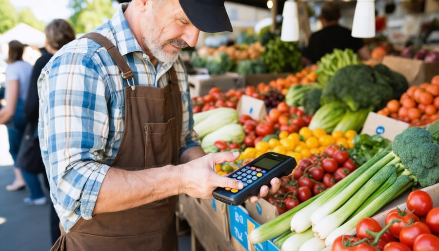 Vendor accepting contactless payment from customer at farmers market stand