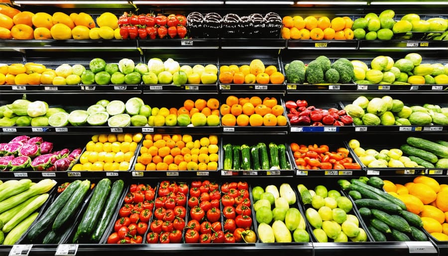 Beautifully arranged display of colorful, fresh produce at farmers market