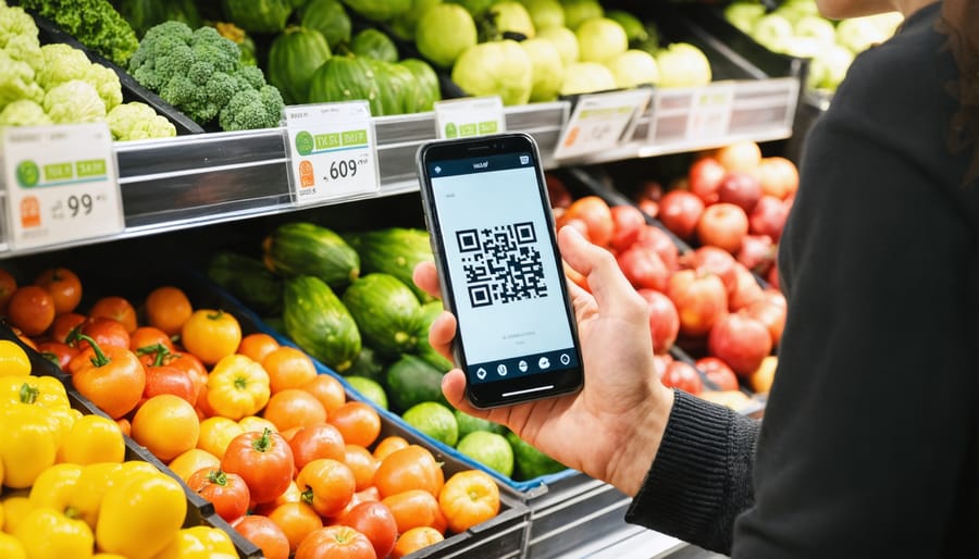 Shopper using smartphone to scan QR code on vegetable display at farmers market
