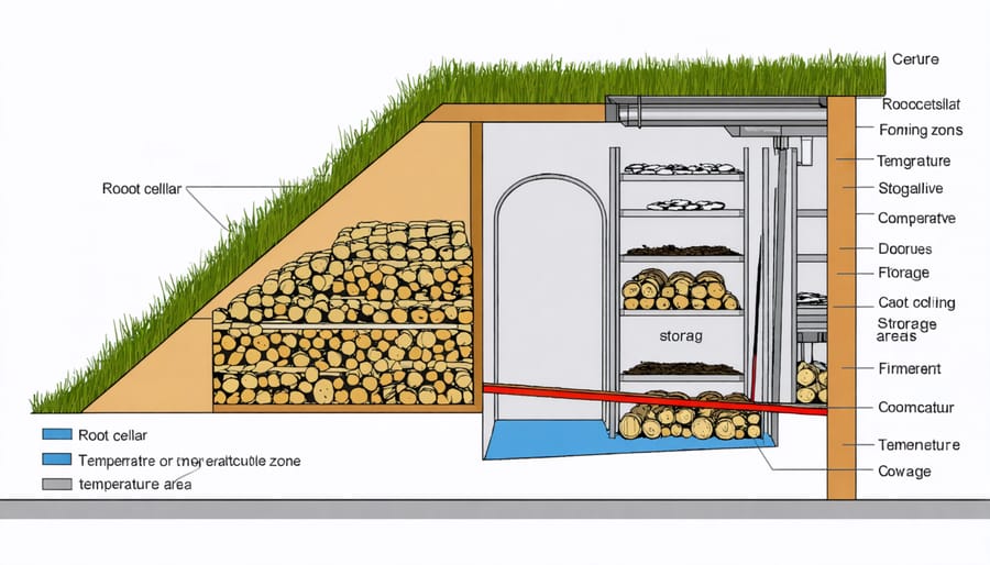 Illustrated cross-section of a root cellar showing optimal storage conditions