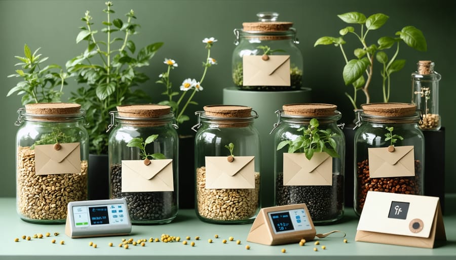 Organized seed storage setup showing glass jars, paper envelopes, and environmental monitoring tools