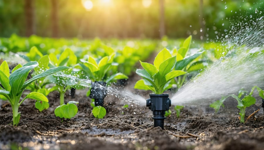 Efficient drip irrigation system watering vegetable rows with water conservation technology