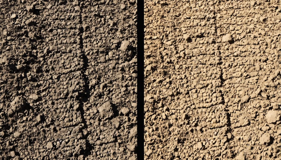 Side-by-side comparison of soil structure and health before and after implementing crop rotation