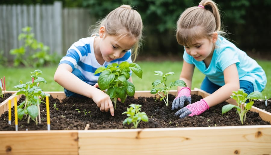 Diverse group of young students learning hands-on gardening skills in their school garden