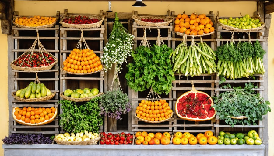 Wooden racks with organic produce being preserved through sun drying