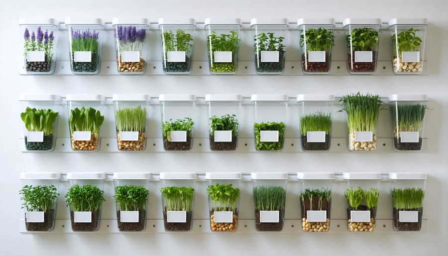 Vertical wall storage system for seeds featuring clear containers and organized labeling