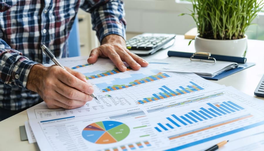 Farmer analyzing CSA financial data and membership records on computer and paper