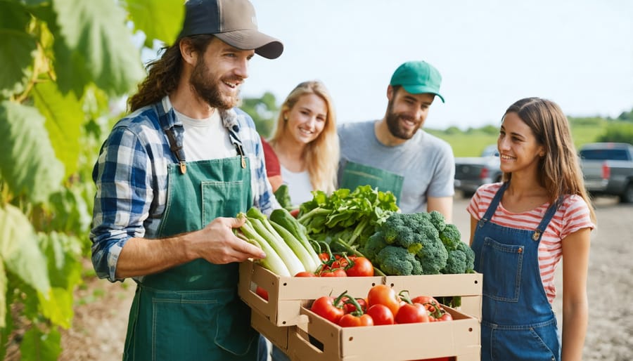 Happy farm members collecting fresh vegetables from organized produce displays