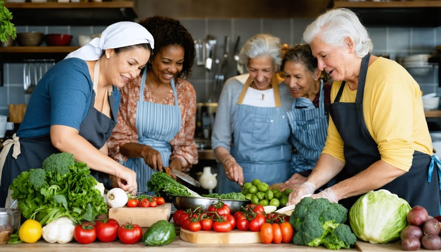 Multicultural cooking class participants preparing dishes with fresh CSA produce