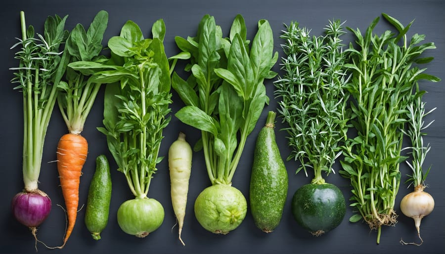 Colorful display of culturally diverse vegetables and herbs from CSA harvest