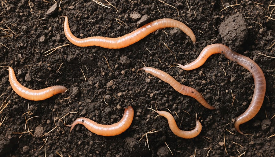 Dark, healthy organic soil showing earthworms and decomposed plant material