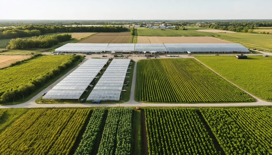 Aerial photograph of Prairie Sun Farm's layout with multiple cultivated fields and facilities