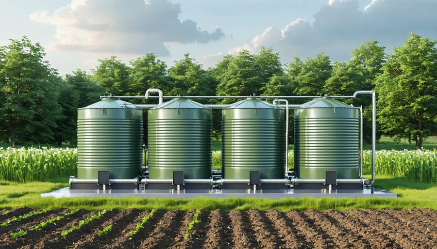 Large rainwater collection tanks connected to farm building gutters