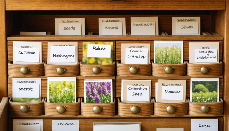 Vintage wooden card catalog drawer filled with organized seed packets and handwritten labels