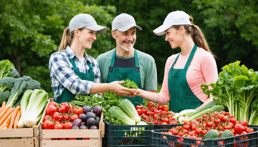 Smiling farmer handing vegetables to CSA member at farm pickup station