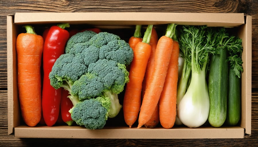 Wooden box filled with colorful seasonal vegetables including carrots, lettuce, tomatoes, and herbs