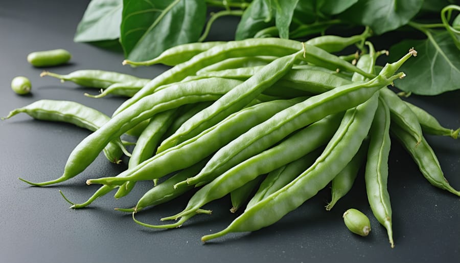 Close-up of fresh green beans split open showing natural fiber content