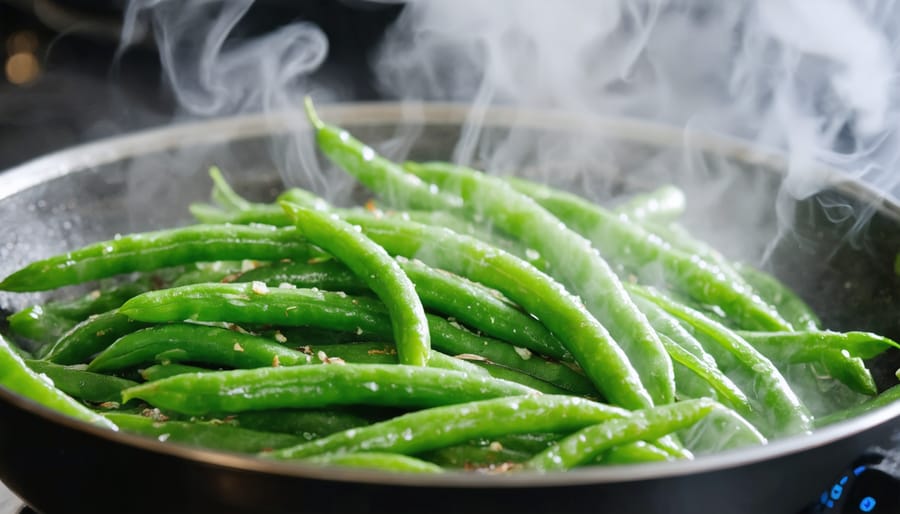 Steaming fresh green beans in a healthy kitchen environment with other vegetables