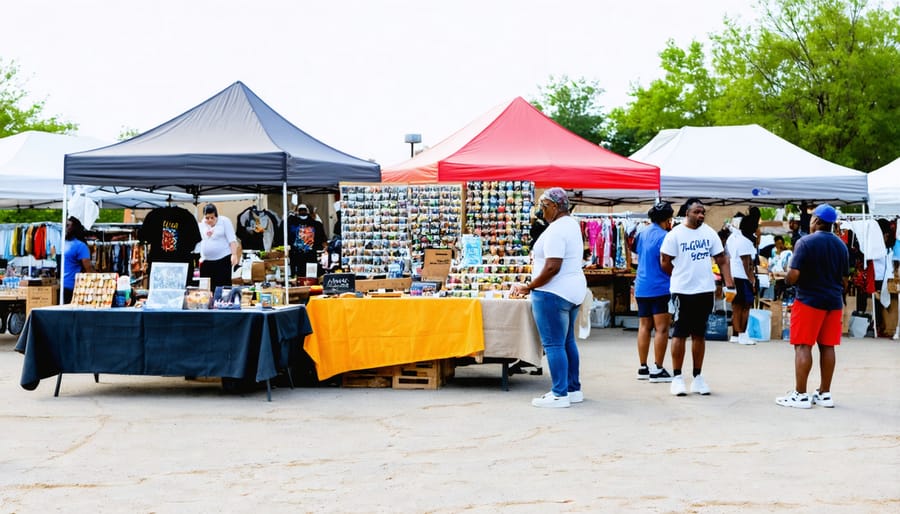 Multiple vendors preparing their stalls for Juneteenth farmers market festival