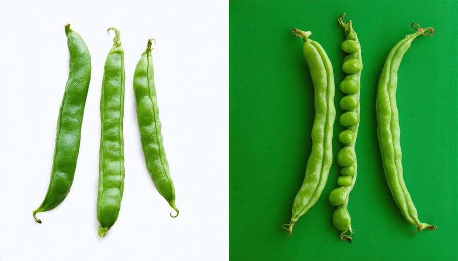Comparison between organic and conventional green beans highlighting color and texture differences