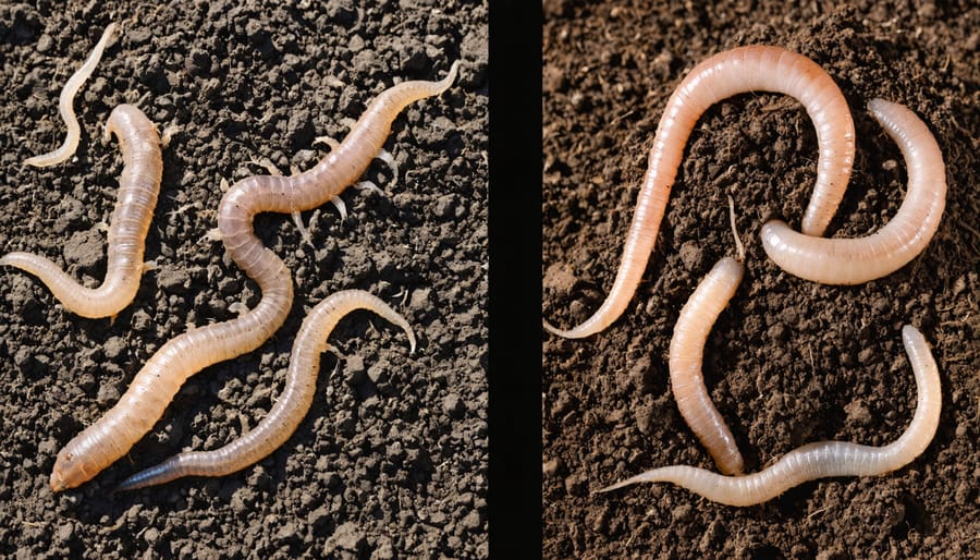 Side-by-side comparison of rich, dark organic soil containing earthworms next to lighter, depleted soil