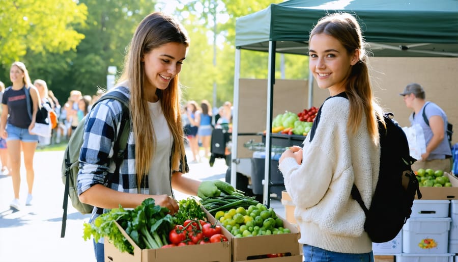 University students picking up their weekly CSA shares at a campus distribution center