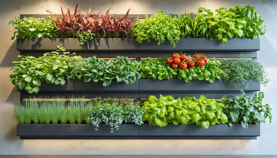 Vertical garden system mounted on wall with various vegetables and herbs growing in containers