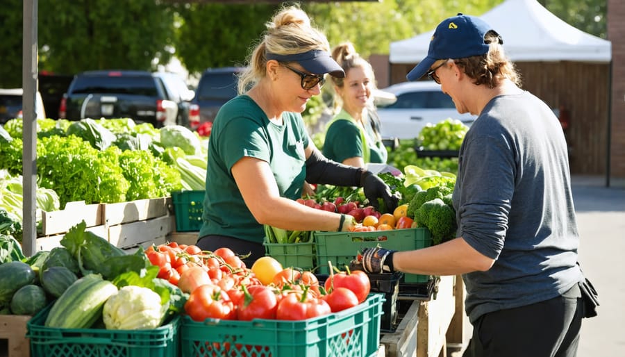 Church volunteers organizing fresh vegetables and fruits for CSA distribution