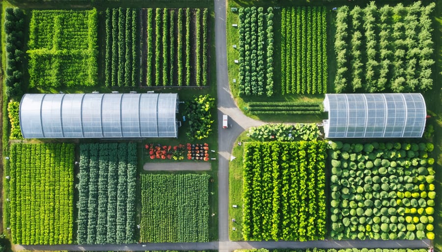 Bird's eye view of a thriving CSA farm showing diverse agricultural plots and community spaces