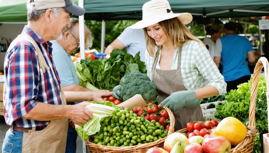 Local farmers market with CSA members picking up fresh produce and talking to farmers