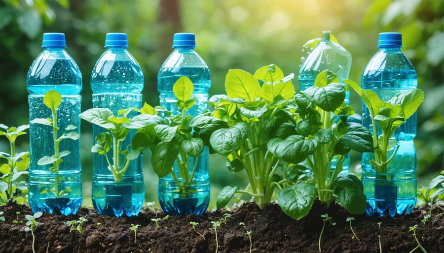 Plastic bottle irrigation system keeping garden plants hydrated