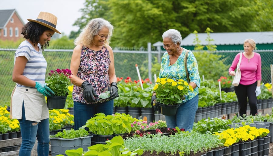 Multi-generational group tending to vegetables in a faith-based community garden