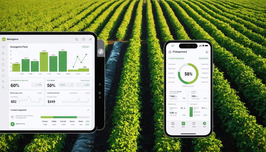Farm management mobile application displaying crop planning data next to corresponding field implementation