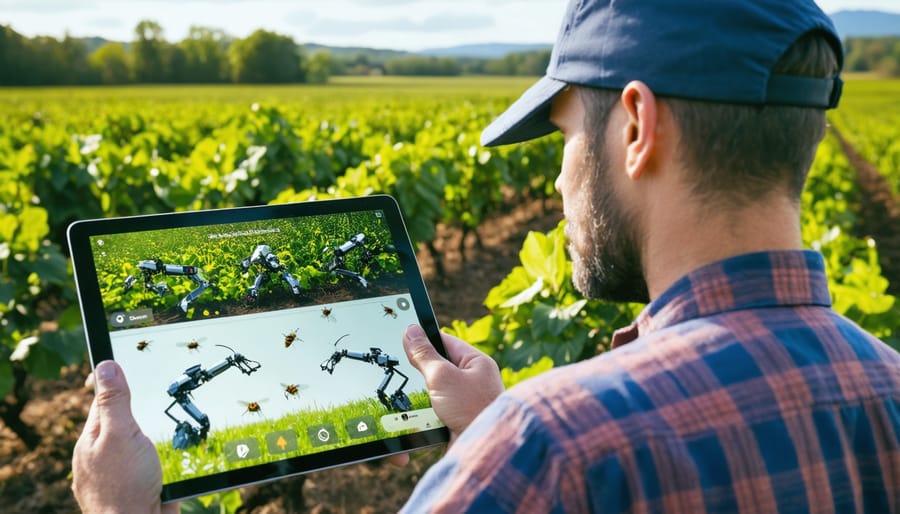 Farmer using digital interface to control robotic pollinators in field