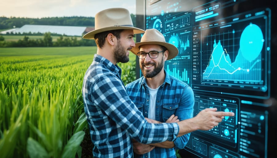 Farmers analyzing agricultural data on large touchscreen display