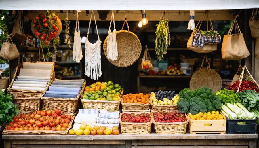 Market display featuring naturally dyed scarves and clothing next to organic vegetables