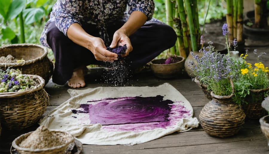 Artisan dipping white fabric into a vat of purple natural dye made from local flowers