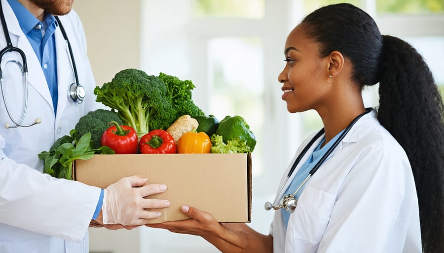 Healthcare provider prescribing fresh vegetables and fruits to a patient through a CSA program